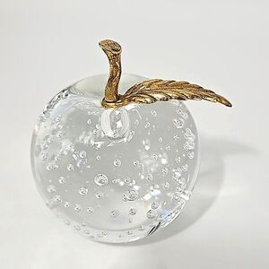 Vintage Glass Controlled Bubble Clear Apple Paperweight with Brass Stem …